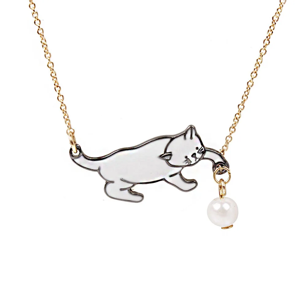

1PC Fashion Jewelry Cute Cat Pandent Necklaces For Women Gold Color Simulated Pearl Link Chain Necklace Choker Pet Cat Jewelry