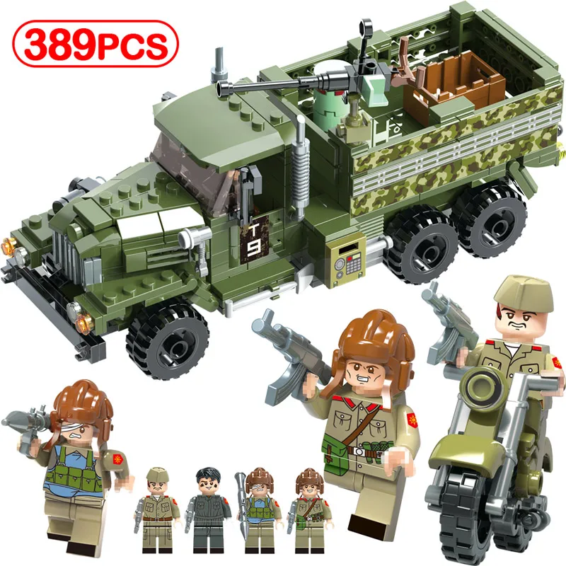 

389pcs Military Truck Compatible Legoing Ural Motorcycle War Army Figures Building Blocks Bricks Weapon Model Sets Toys For Kids