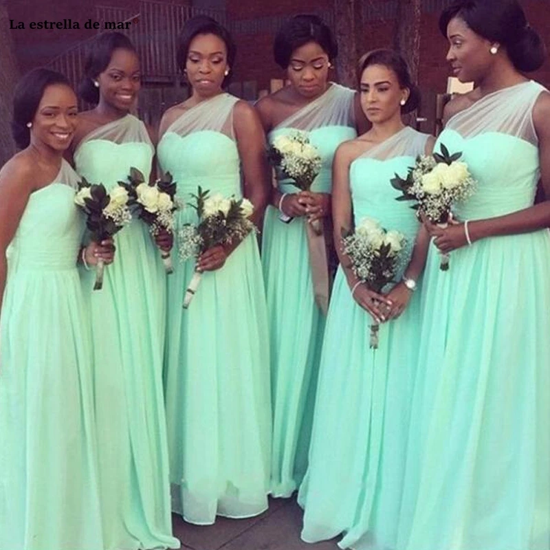 Vestido de fiesta para boda2019 Тюль шифоновое на одно плечо A Lina мятно-зеленое платье подружки невесты в африканском стиле длинное свадебное платье для гостей