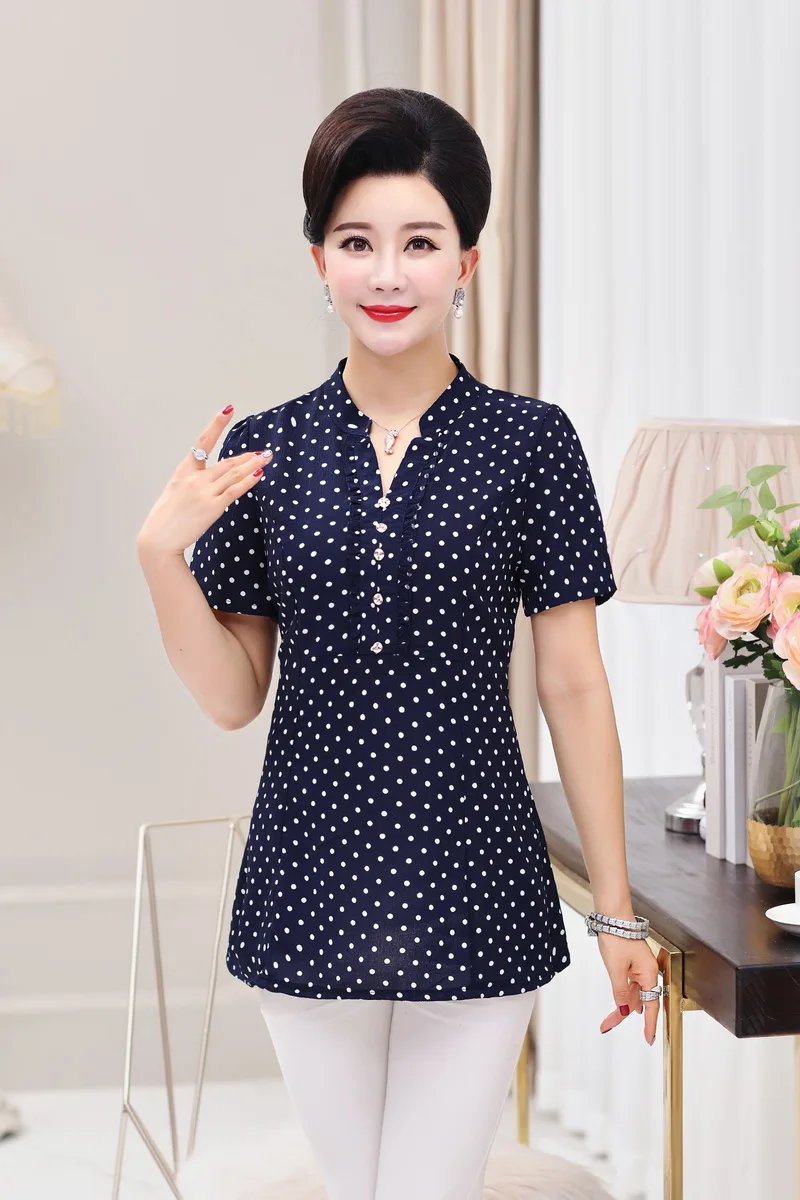 Летняя элегантная женская футболка в горошек, топы, 5XL размера плюс, одежда для мамы, Женская Повседневная футболка с коротким рукавом и v-образным вырезом