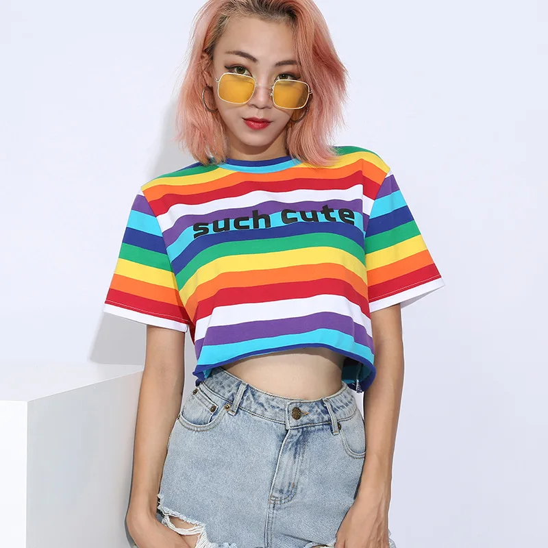 

Liva Girl Cotton Rainbow Striped Loose O Neck T Shirts for Women Letter Print Short Sleeve Crop Tops Ladies Bts Tshirt Tee Mujer