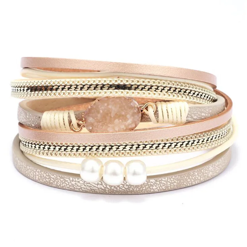DIEZI New Multilayer Shell Heart Wrap Bracelets For Women Gift Magnet Buckle PU Leather Rhinestone Pearl Bracelets Bangles