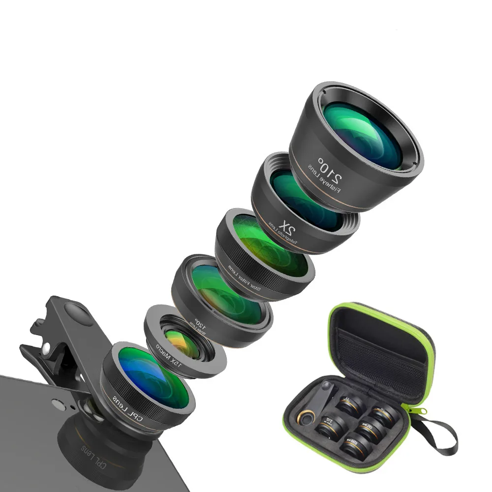

Universal 6 in 1 Phone Camera Lens Fish Eye Lens Wide Angle macro Lens CPL/Star Filter 2X tele for iphone Samsung smartphones
