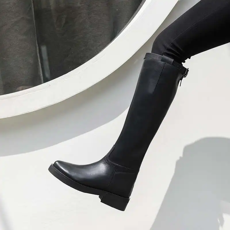 Krazing Pot cow leather high quality round toe riding equestrian boots zipper buckle straps concise designer thigh high boots