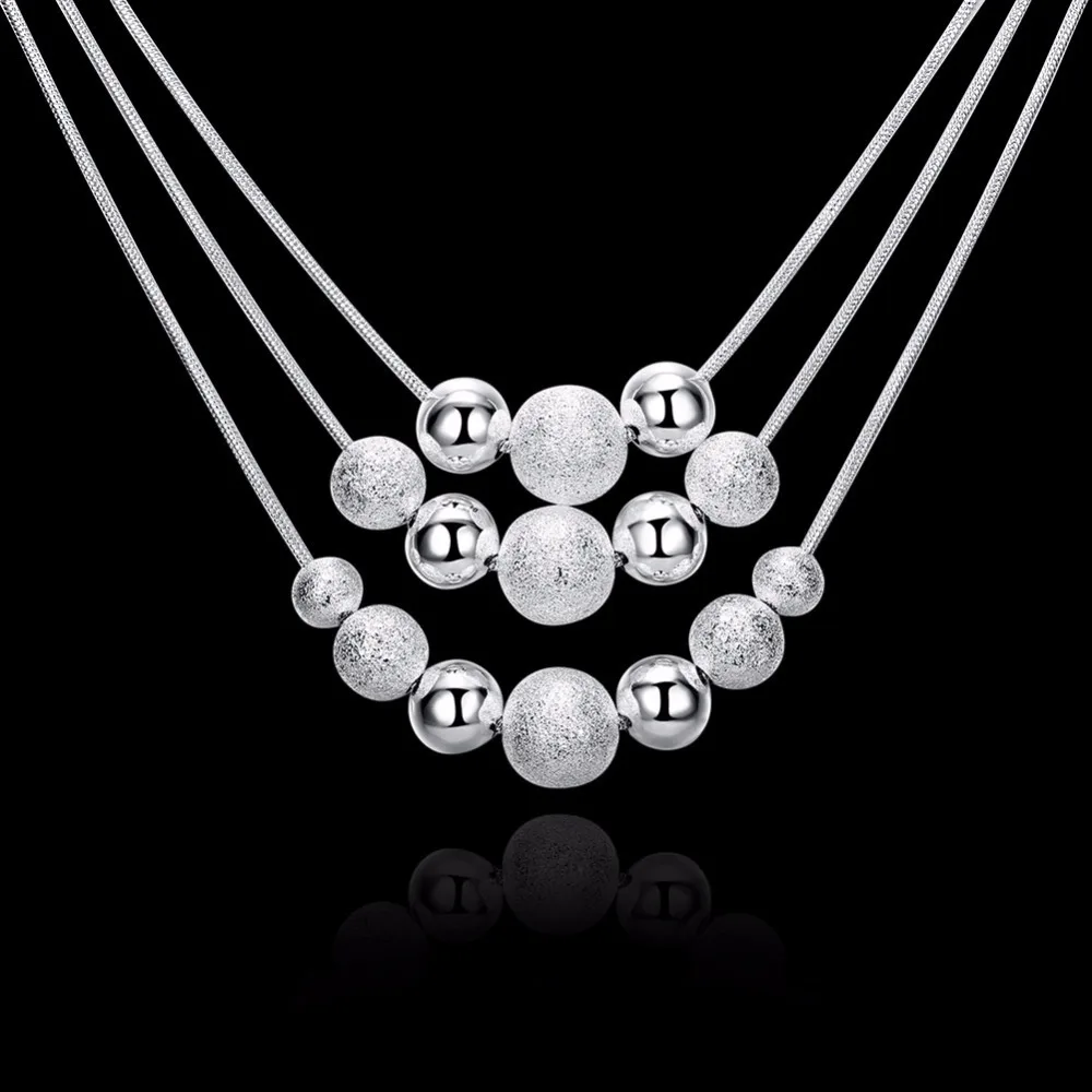 CHUKUI Silver Color Classic Three Chain Light Sand Beads Necklace Three Layers Bead Chain Necklace For Women Wedding Party  (4)