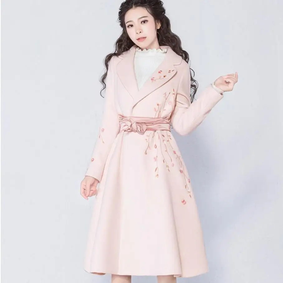 

Vintage Embroidered Woolen coat Long sleeve Slim Winter women wool blends belted coats Pink Plus size 3XL