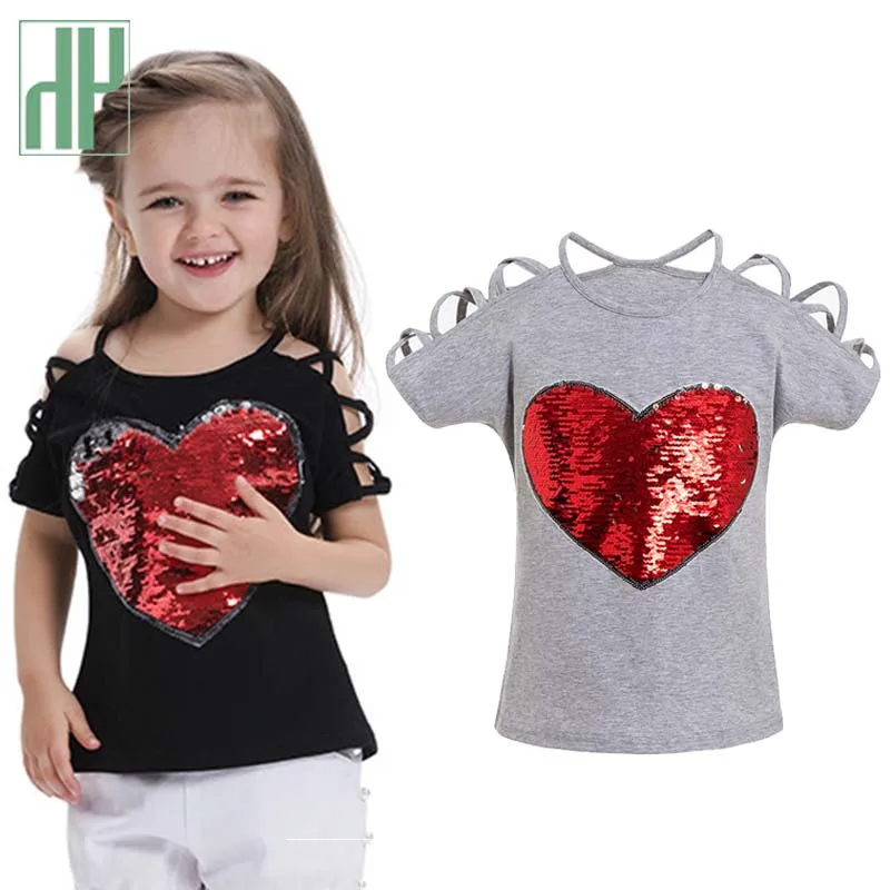 

Toddler Girls Sling t shirt with sequins off shoulder summer Tops & Tees cartoon princess tshirts kids children 3 4 8 Year