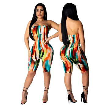 

Women Tie Dye Print Jumpsuit Club Party Sexy Strapless Playsuit Off Shoulder Backless Overalls