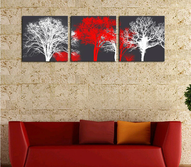 3 Panels White Red Trees Landscape Canvas Print Painting Modern Canvas