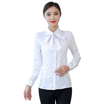 

Long Sleeve Female Shirt Autumn Fashion Slim Lace-up Bow Collar Blouse Wild Professional Print Cross Women Tops