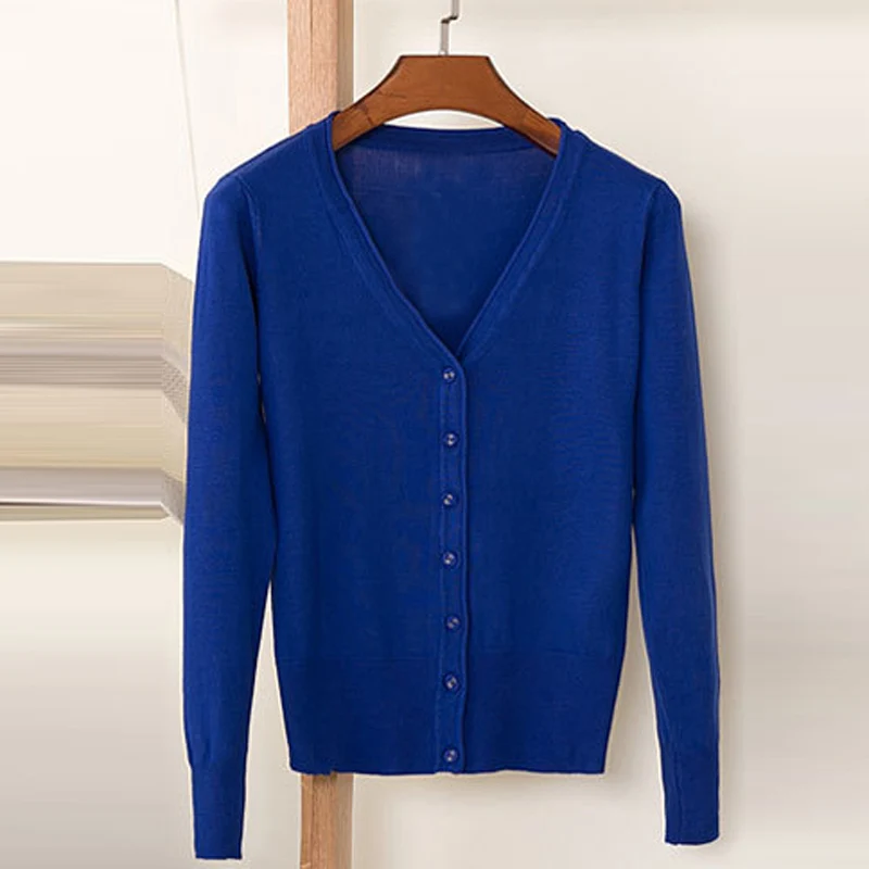 Осенний женский свободный свитер ярких цветов с v-образным вырезом и длинным рукавом, короткий свитер, рубашка, женский весенний тонкий вязаный кардиган K176 - Цвет: Royal blue
