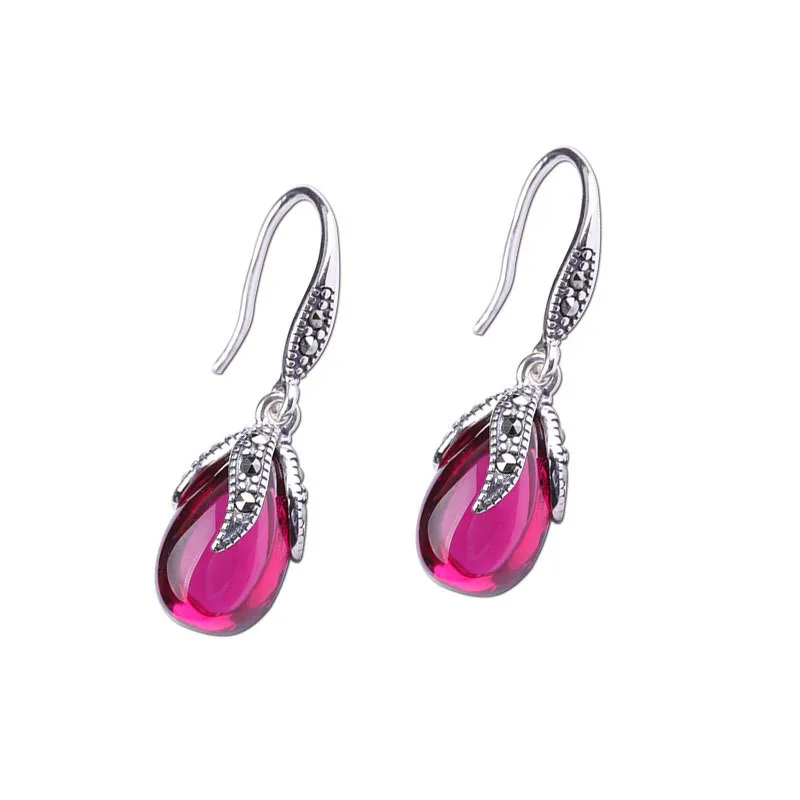 

925 Sterling Thai Silver Handmade Craft Colored Gemstone Water Drop Earrings for Women Fine Jewelry Vintage Dangle Earring Party