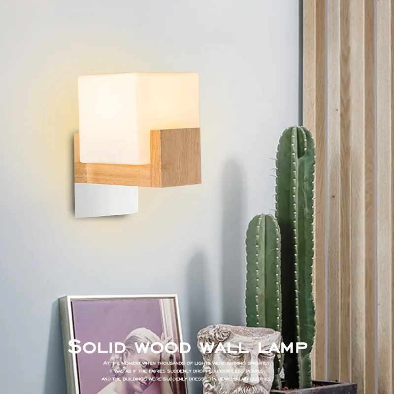 

Wood Led Wall Sconce Light Fixture Modern Glass E27 Wall Lamp Home House Decor Stairs Entrance Hall Bedside Bedroom Living Room