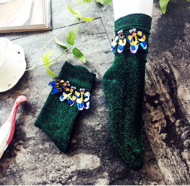 gtglad 2018 New Arrived Korean Style Fashion Glitter Socks Women Spring Winter Sequins gem Candy Color Hand-made Socks