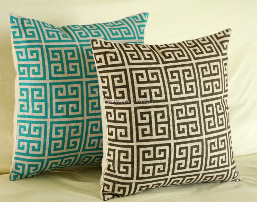 Vintage Linen Pillow Cushion Cover Throw decorative cushion covers 45cm*45cm Greek Key Blue