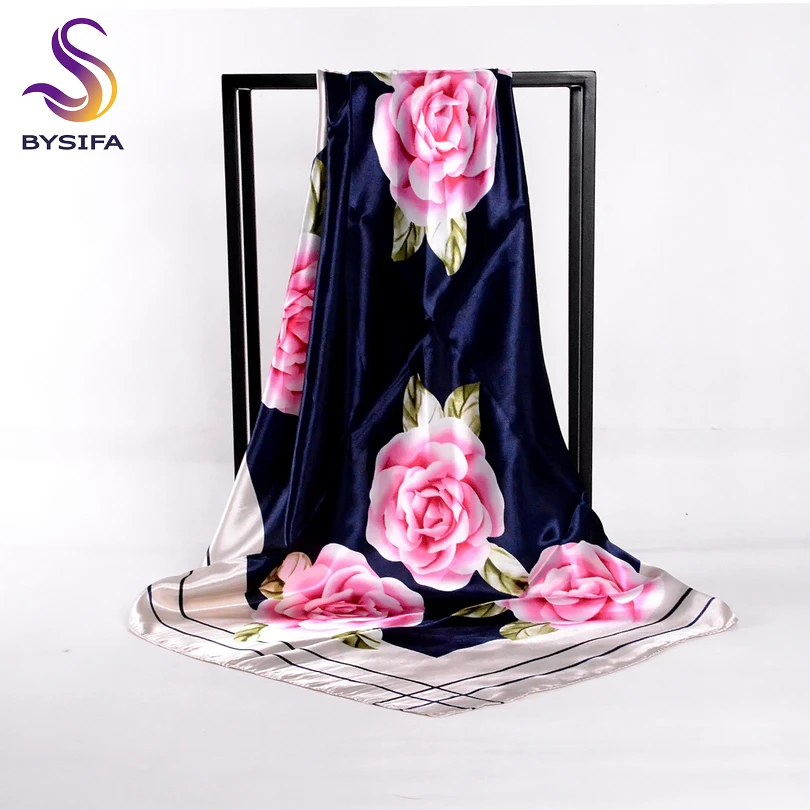 

[BYSIFA] Winter Satin Square Scarves Cape Navy Blue Pink Peony Pattern Silk Scarf Shawl Spring Autumn Women Scarf Headscarves