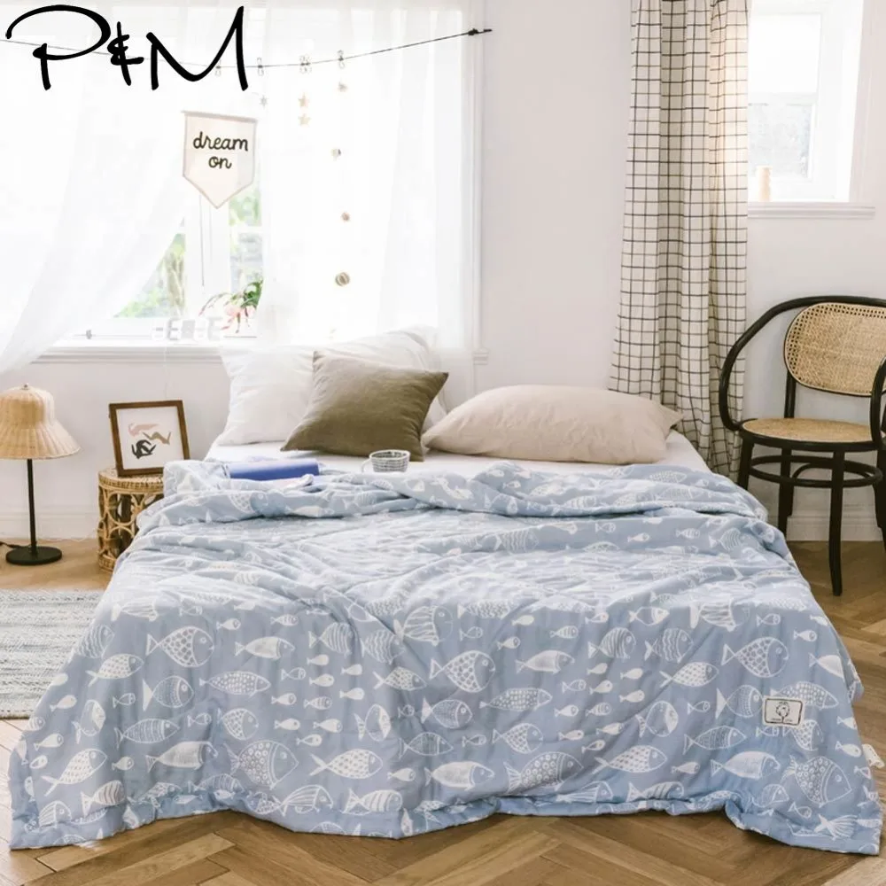 

2019 Brief Fishes Blue Scandinavian INS Towel Gauze Quilting Blanket Summer Thin Quilt Pure Cotton Twin Queen Size Bedspread