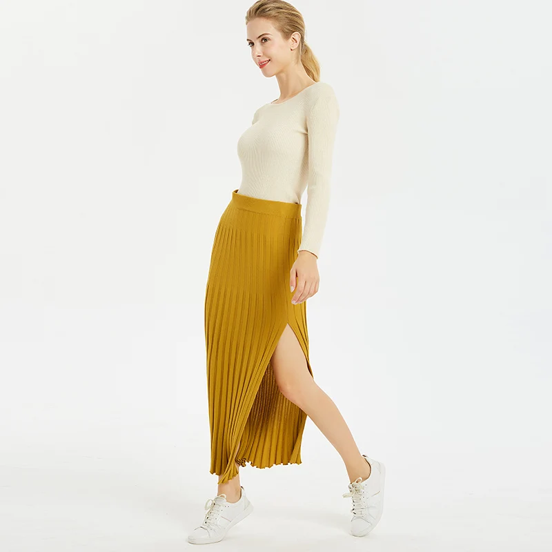 Женские осенние длинные юбки, уличная одежда, прямые, длиной до лодыжки, имперский трикотаж, хлопок, желтый цвет, с боковым вырезом, Женская плиссированная юбка