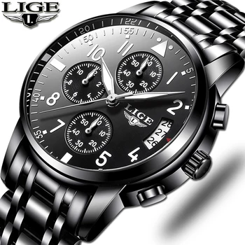 

2019 Mens Watches Top Brand Fashion Chronograph LIGE Black Quartz Watch Stainless Steel Automatic Date Watch Relogio Masculino