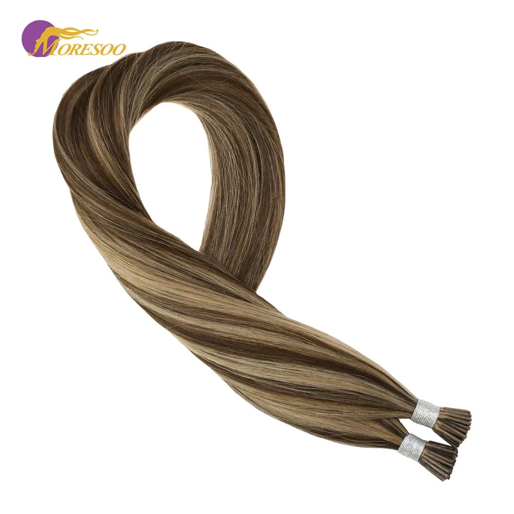 

Moresoo I tip Hair Extensions Brown #4 Highlights with Blonde #14 Keratin Pre-Bonded 100 Remy Hair Extensions 40g/set 0.8g/1s