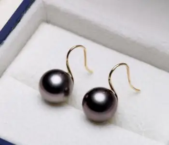 

Free shipping gorgeous 10-11mm south sea round black pearl earring 14
