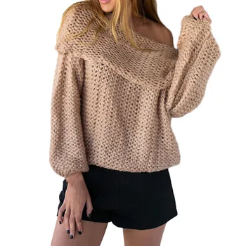 

Casual Long Sleeve Knitted Sweater Women Warm Winter Sweater Oversize Latern Solid Female Sweaters Pullover Off Shoulder