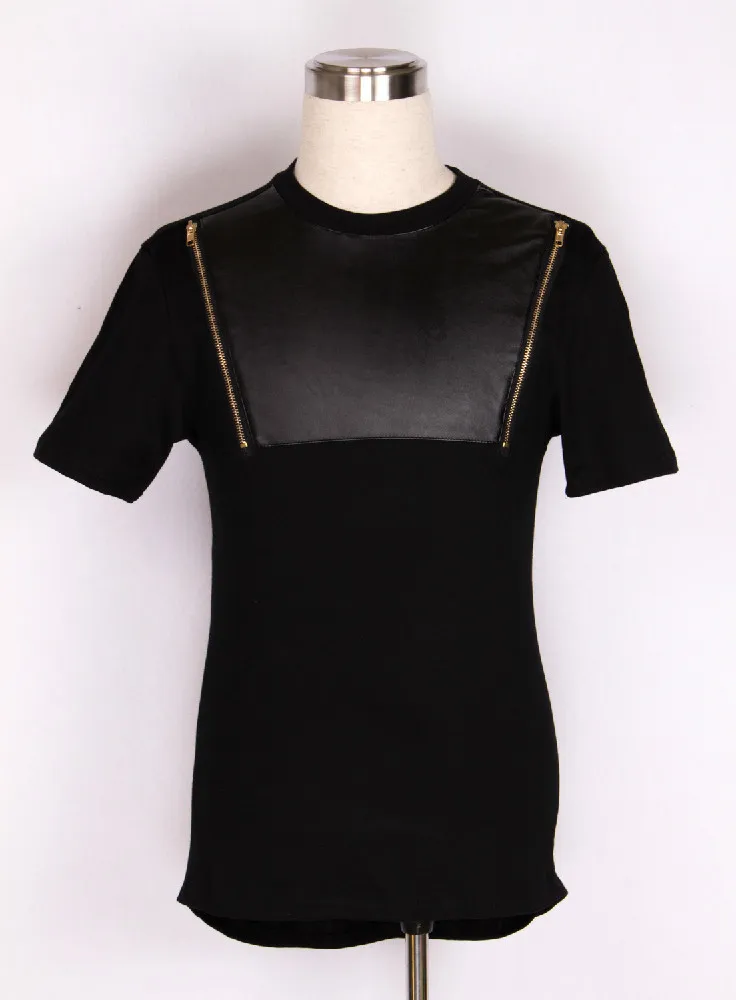 

Men T shirts Fashion 2016 PU Leather Patchwork Zippers short sleeve T hip hop streetwear brand-clothing dress tee