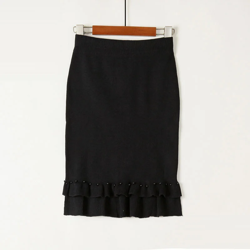 ShejoinSheenjoy Split Ruffles Hem Knitted Midi Women Skirt Beading High-Waist Autumn Winter Skirts Womens Bodycon Students Skirt (4)