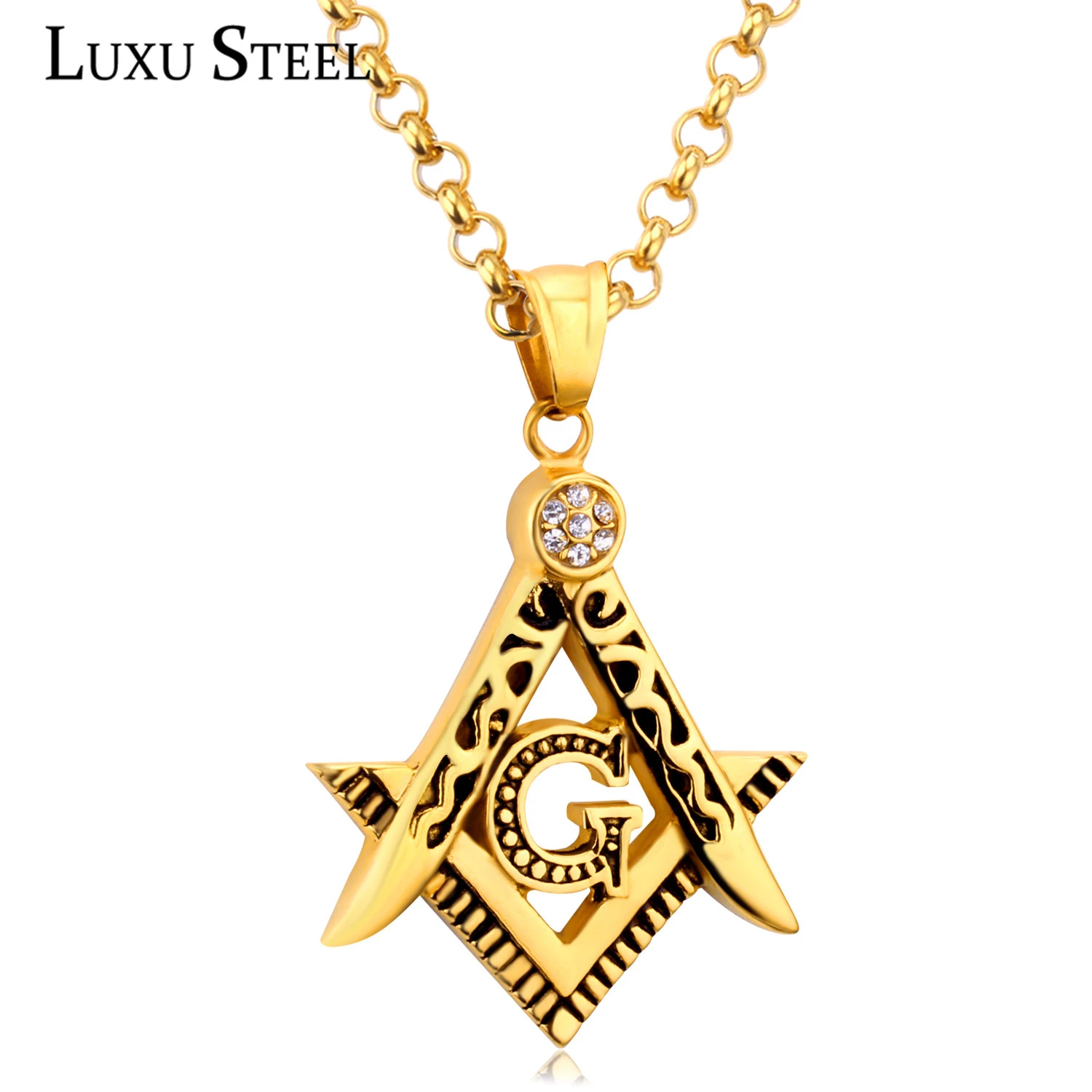Davitu Hip Hop Crystal Jewelry Gift Chain Golden Freemason Masonic Titanuim Steel Necklaces Men Women Bling Compass G Pendants Metal Color: Small S OPP Davitu Hip Hop Crystal Jewelry Gift Chain Golden Freemason Masonic Titanuim Steel Necklaces Men Women Bling Compass G Pendants Metal Color: Small S OPP