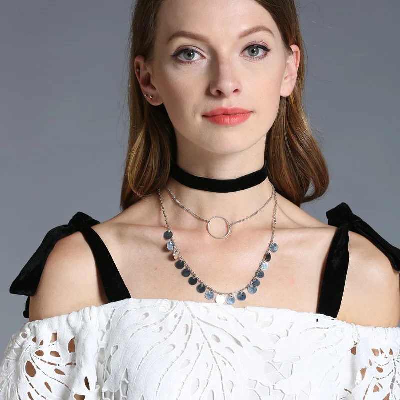 3pcs Trendy Combination Velvet Choker Necklace Set Copper Sequins