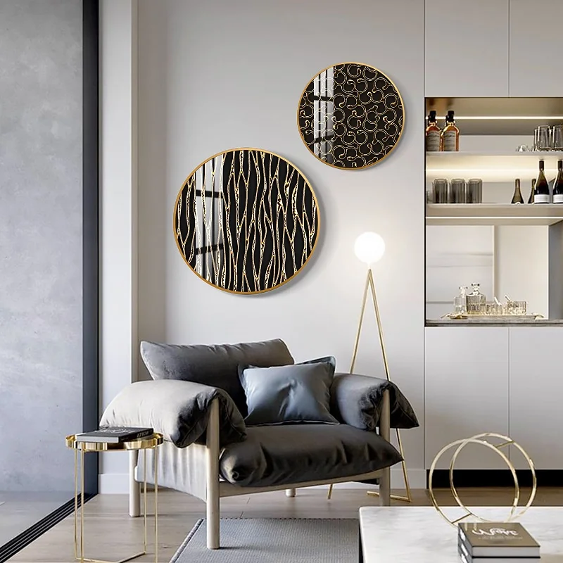 

Luxury style Round metal frame Decorative paintings Texture pattern Wall paintings Golden mural American living room painting