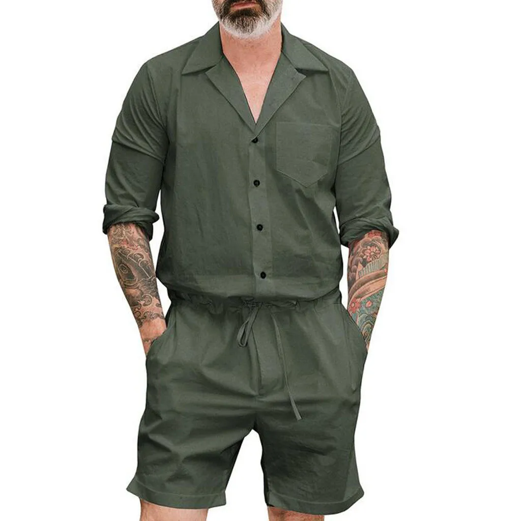 

Plus Size Summer 2019 Men Set Button Rompers Jumpsuit Fashion Sumple Funny Streetwear Vintage Casual Summer Men Set