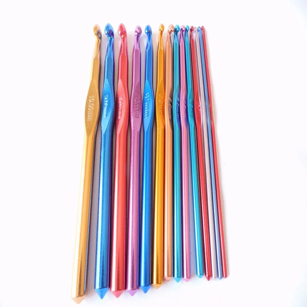 Download 14 Size Multi color Metal Crochet hook needles set Crochet Knitting Tools aluminium handle hook ...