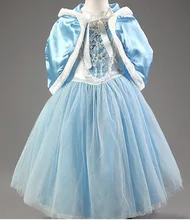 Pretty 2016 Long Party Girls Dress Elsa Blue Princess With Shawl Dress Chlid Kids Dress Girls Cartoon Party Costume #D