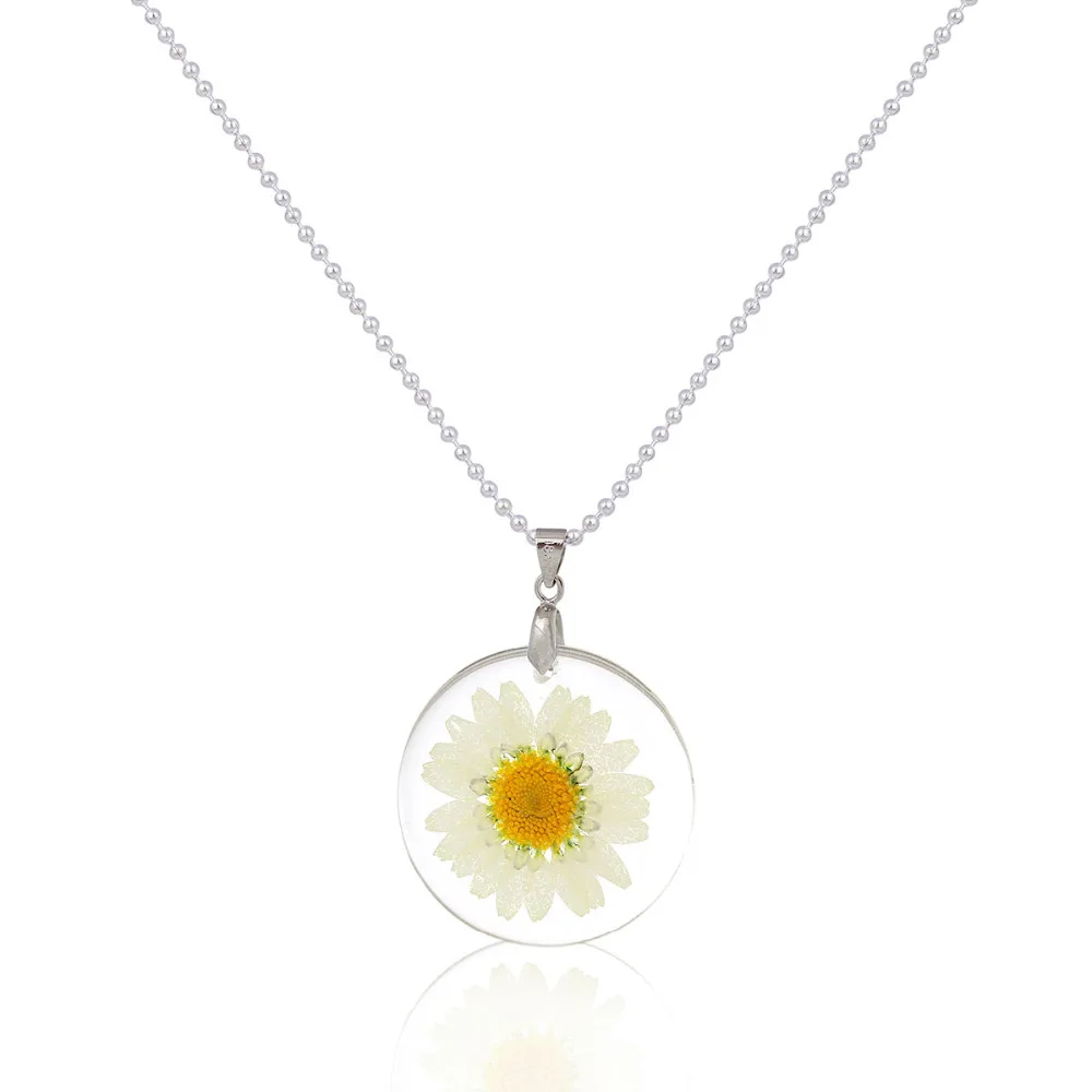8SEASONS Handmade Boho Transparent Resin Dried Flower Daisy Necklace Ball Chain Silver Plated White Round 45cm long,1 Piece