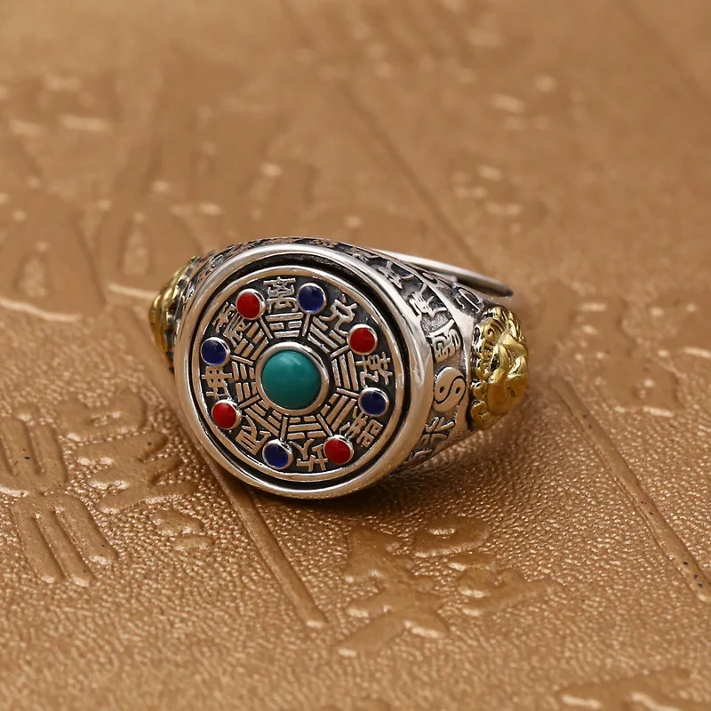Подлинное твердое мужское серебряное кольцо s925 Ретро Античное кольцо Багуа для мужчин с камнями вращающееся Fengshui ювелирное изделие Anillo Hombre
