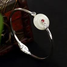 

925 sterling silver jade bangles natural hetian white jade peace button design fashion bangles for women charms fashion jewelry