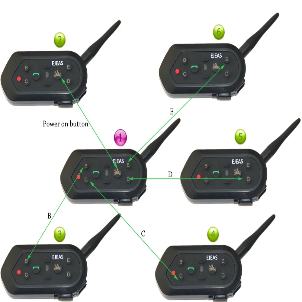6 pcs E6 Helmet Intercom 6 Riders 1300M Motorcycle Bluetooth 3 0 Intercom Headset Walkie Talkie