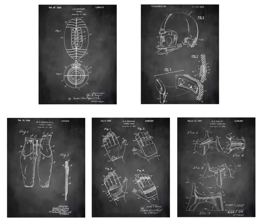 Винтажное Лакированное искусство для американского футбола и регби шлем брюки ногами тройник перчатки Броня плакат 5 в 1 для стены рамки