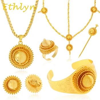 

Ethlyn Big Yellow Gold Color Ethiopian hair jewelry 6pcs Jewelry Sets African bridal jewelry for Ethiopian womenS139A