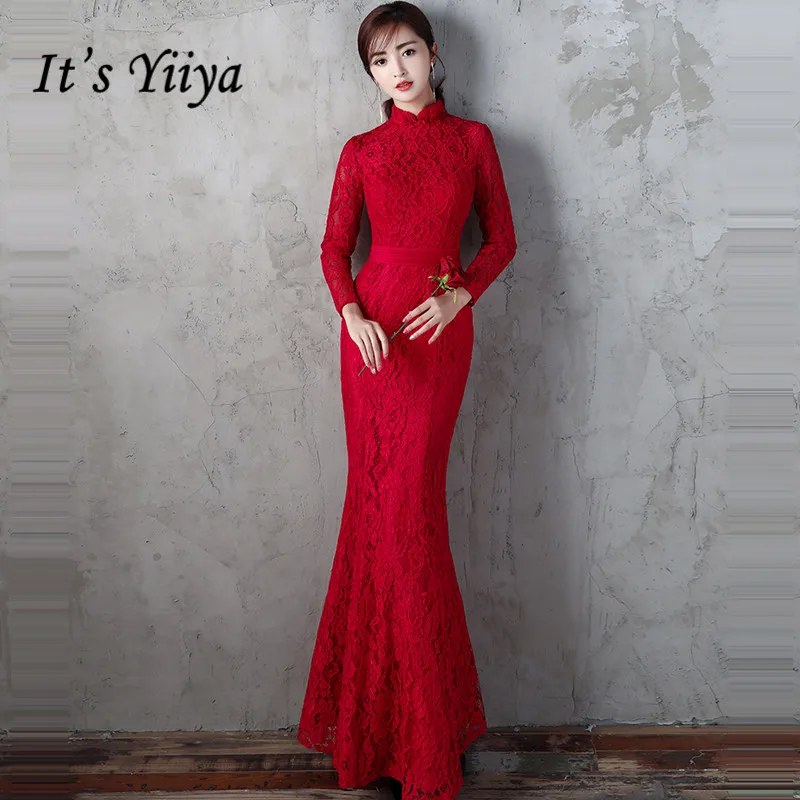 

It's YiiYa Robe de Soiree 2019 Formal Red Standing Collar Long Evening Dress Full Floral Lace Women Party Dress Plus Size E460