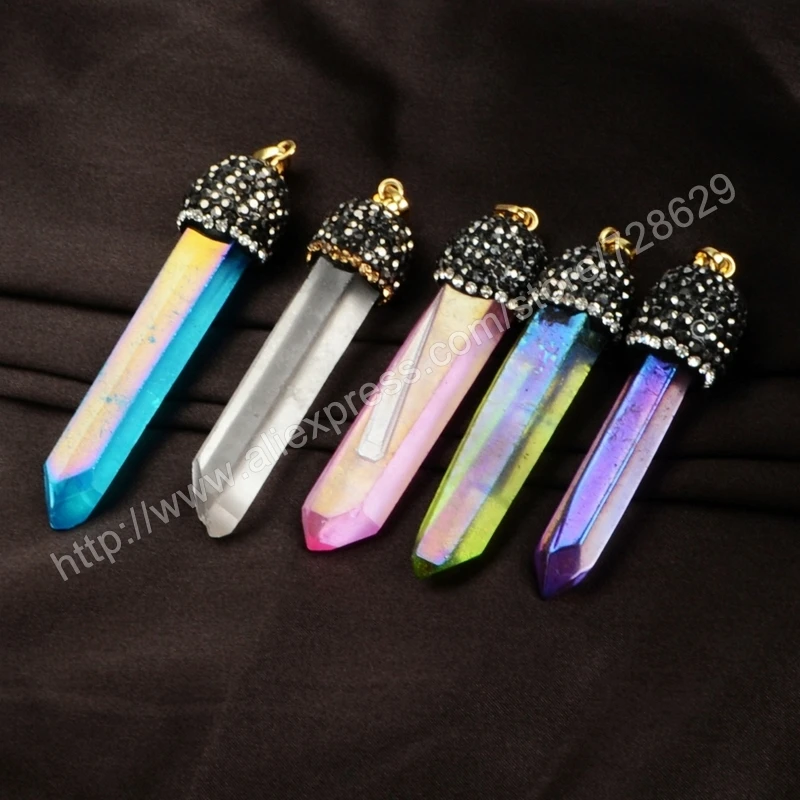

BOROSA New! 5Pcs/lot Mixed Color Druzy Aura Quartz Titanium Crystal Faceted Point Pendant Jewelry With Black Gun Zircon JAB088