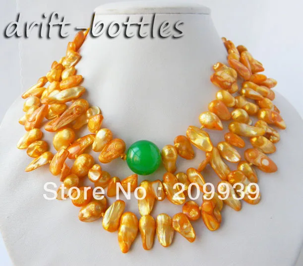 

huij 001932 50'' Golden Wing Freshwater Pearl Round Green Jade Necklace