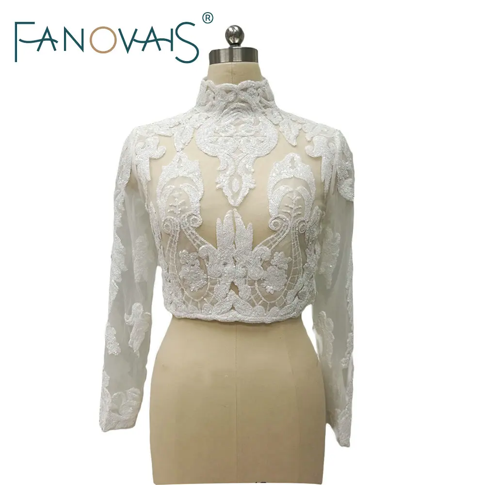 

2019 New Arrival High Neck Sequin Lace Wedding Jackets Long Sleeves Wedding Boleros Shinning Lace Bridal Coat for wedding