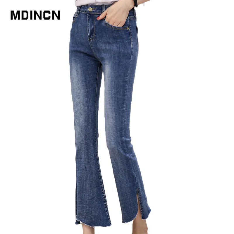 

Jeans for Women Mid Waist Jeans Woman Micro Elastic Stretch Jeans female washed denim skinny RippedFlare pants LR5