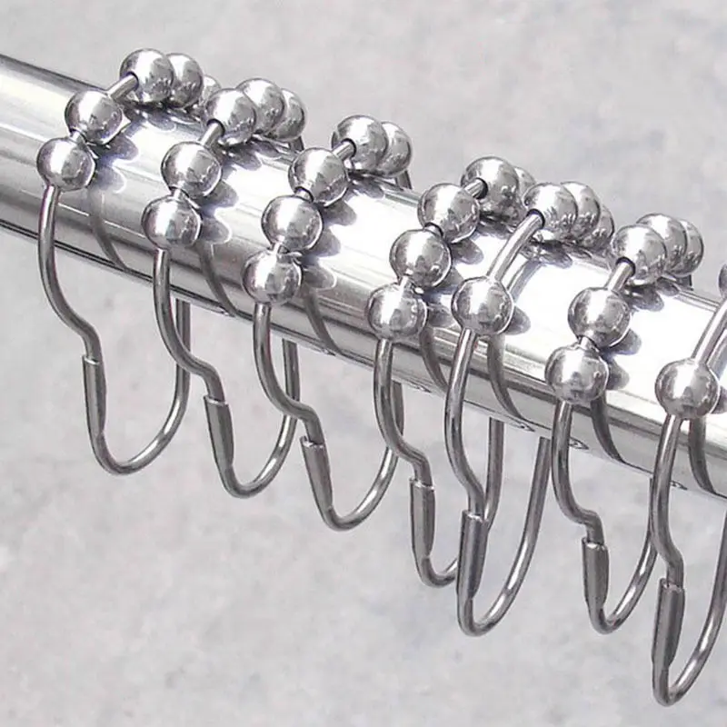 Top Quality 12 Pcs Polished Satin Nickel Ball Shower Curtain Rings 5 Roller Balls Curtain Hooks