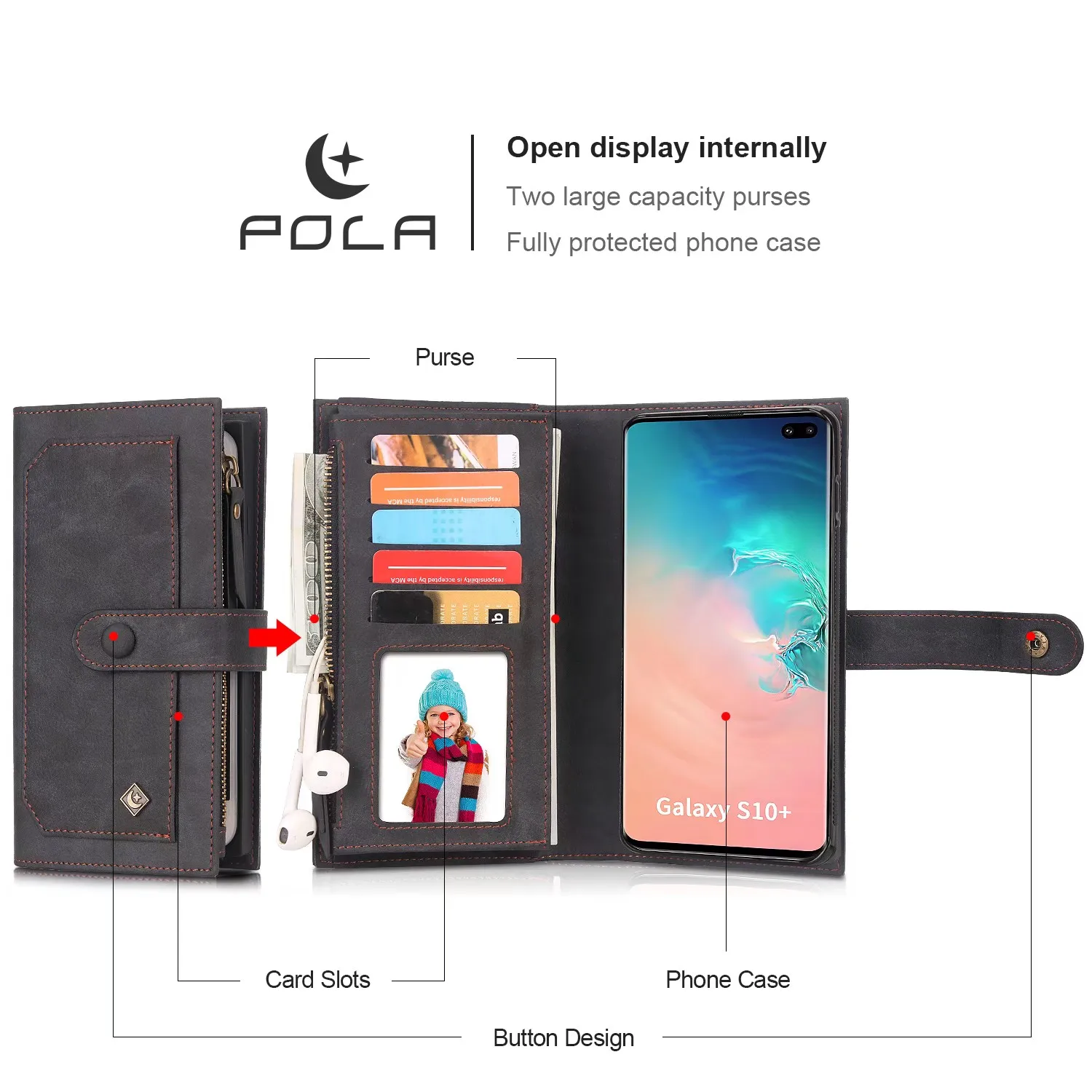 POLA многофункциональный кожаный бумажник на молнии чехол для samsung Galaxy S10 S9 S8 plus Note9 карман для карт Магнитный съемный автомобиль