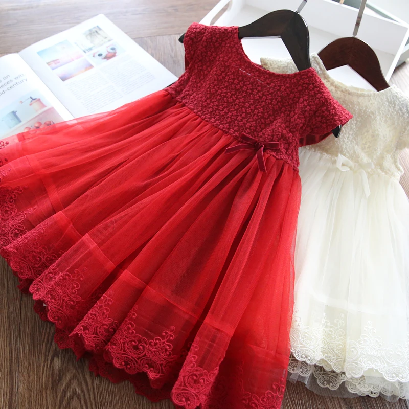 

Red Flower Lace Girls Dress Children Girl Casual Wear Kids Clothes Baby Kids Princess Summer Party Dresses For Girls Clothing