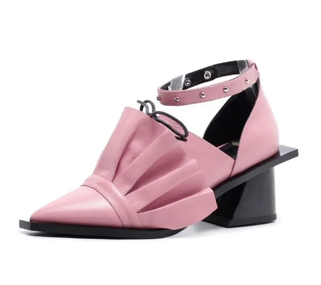 Summer genuine leather dress Sandals women square high Heels ruffles flowers bowties rivets pumps party shoes sapato feminino - Цвет: pink 5.5 cm heel