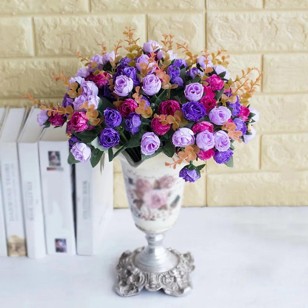 

21 Head Silk Camellia Rose Artificial Flowers Long Plastic Stem Wedding Road Lead Faux Flowers Fabric Fake Flower Home